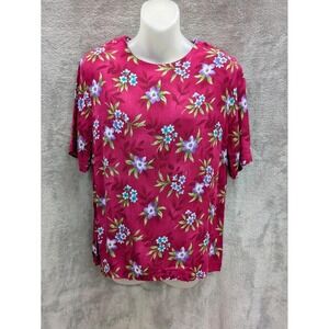 Vintage Cottagecore Blouse Womens Medium Red Floral‎ Keyhole Back Casual